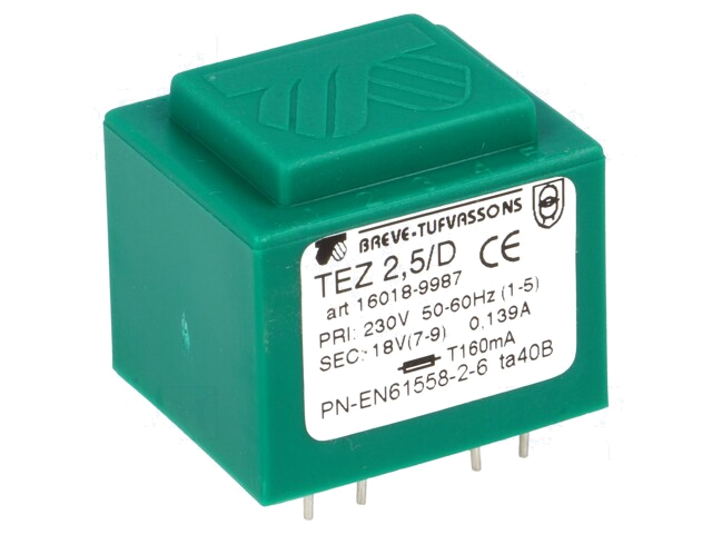 Transformator: ingegoten; 2,5VA; 230VAC; 18V; 138,8mA; PCB; IP00 Transformator: ingegoten; 2,5VA; 230VAC; 18V; 138,8mA; PCB; IP00